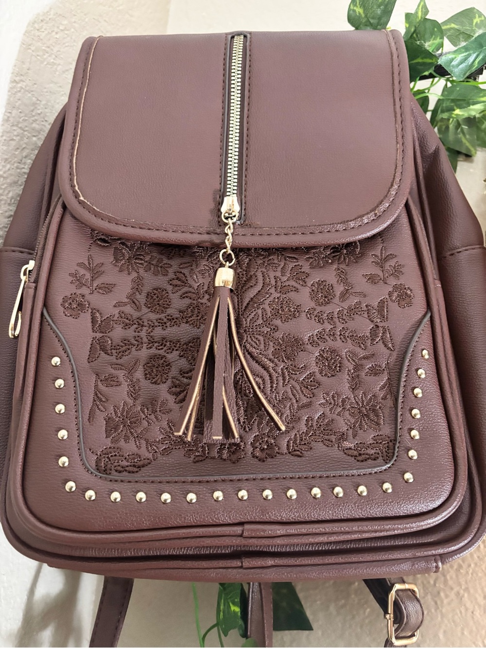 Brown Leather Embroidered Floral Boho Backpack Purse Gold Studs Tassel
